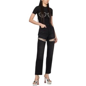 NWT Torn By Ronny Black Crystal Slit Embellished Women Jeans Size 26